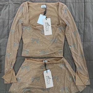 Oh Polly Nude Sheer Rhinestone Bow Mesh Two-Piece Set
